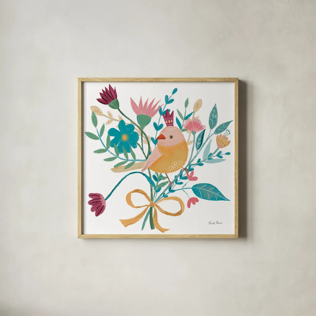 Royal Birds III White by Farida Zaman. Shown in a natural wood glass frame for a timeless modern aesthetic. Available as an archival giclee rolled canvas, fine art paper, or poster print. SKU 68980a.
