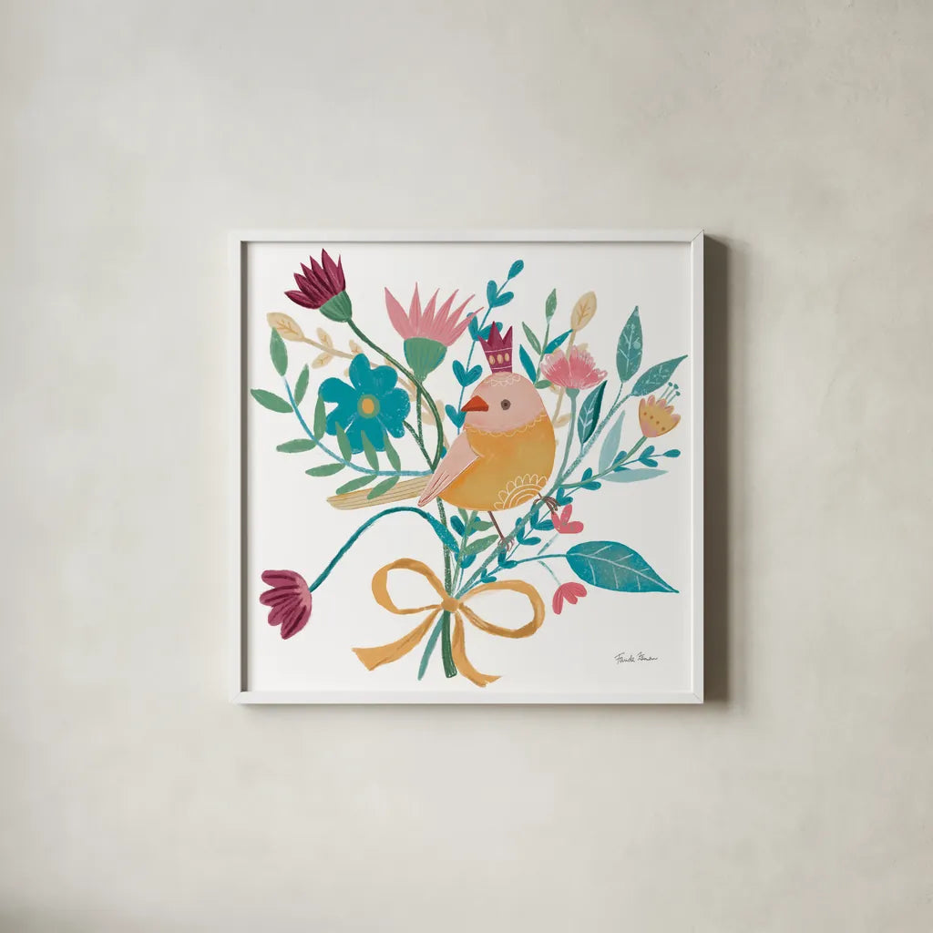 Royal Birds III White by Farida Zaman. Shown in a crisp white glass frame for a clean and minimalist style. Available as an archival giclee rolled canvas, fine art paper, or poster print. SKU 68980a.
