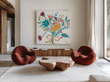 Royal Birds III White by Farida Zaman. Shown as extra-large giant wall art in a modern living room. Available as an archival giclee rolled canvas, fine art paper, or poster print. SKU 68980a.