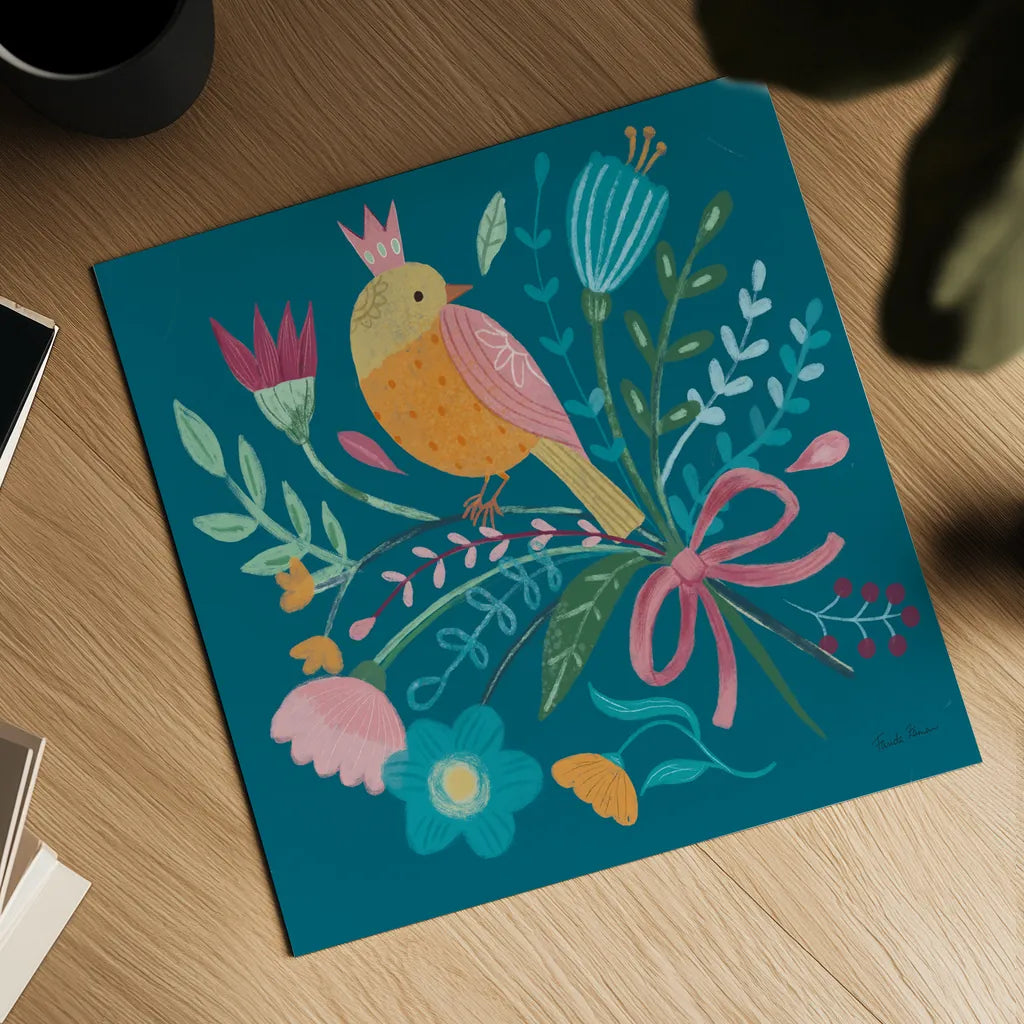 Royal Birds IV Blue by Farida Zaman. Shown as a detailed flat fine art print, highlighting archival giclee quality. Available as an archival giclee rolled canvas, fine art paper, or poster print. SKU 68976a.