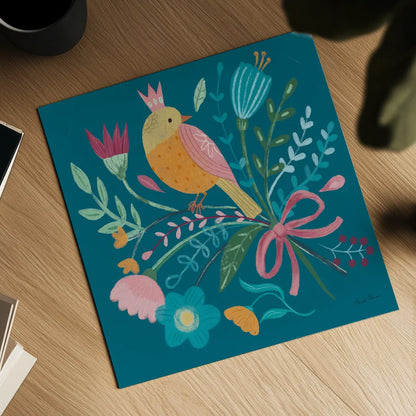 Royal Birds IV Blue by Farida Zaman. Shown as a detailed flat fine art print, highlighting archival giclee quality. Available as an archival giclee rolled canvas, fine art paper, or poster print. SKU 68976a.