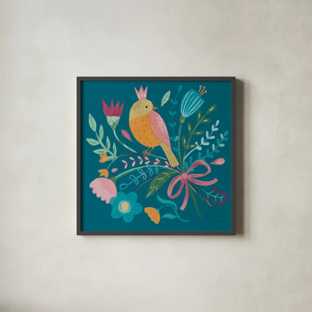 Royal Birds IV Blue by Farida Zaman. Shown in a sleek black glass frame for a contemporary gallery look. Available as an archival giclee rolled canvas, fine art paper, or poster print. SKU 68976a.