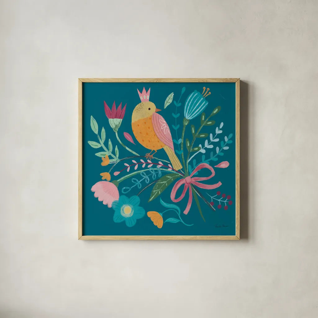 Royal Birds IV Blue by Farida Zaman. Shown in a natural wood glass frame for a timeless modern aesthetic. Available as an archival giclee rolled canvas, fine art paper, or poster print. SKU 68976a.