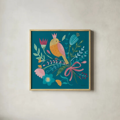 Royal Birds IV Blue by Farida Zaman. Shown in a natural wood glass frame for a timeless modern aesthetic. Available as an archival giclee rolled canvas, fine art paper, or poster print. SKU 68976a.