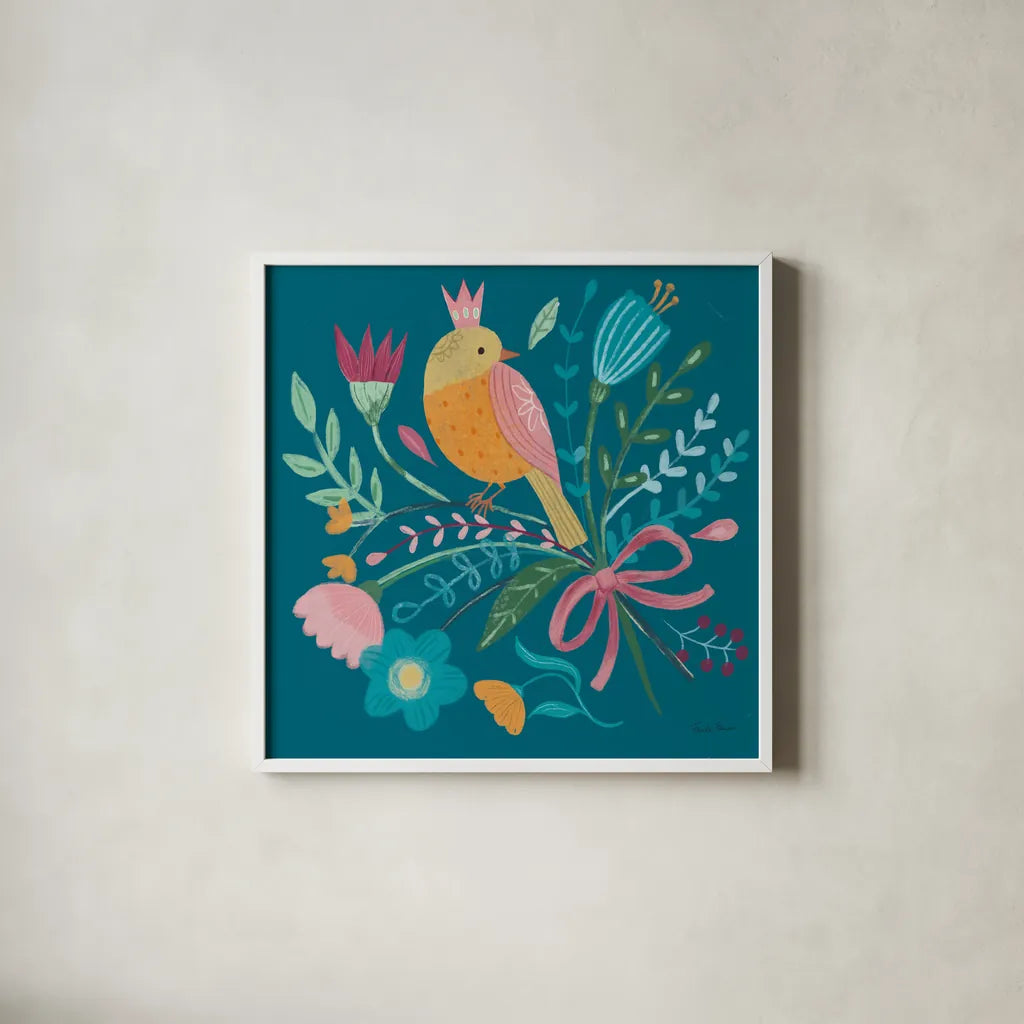 Royal Birds IV Blue by Farida Zaman. Shown in a crisp white glass frame for a clean and minimalist style. Available as an archival giclee rolled canvas, fine art paper, or poster print. SKU 68976a.