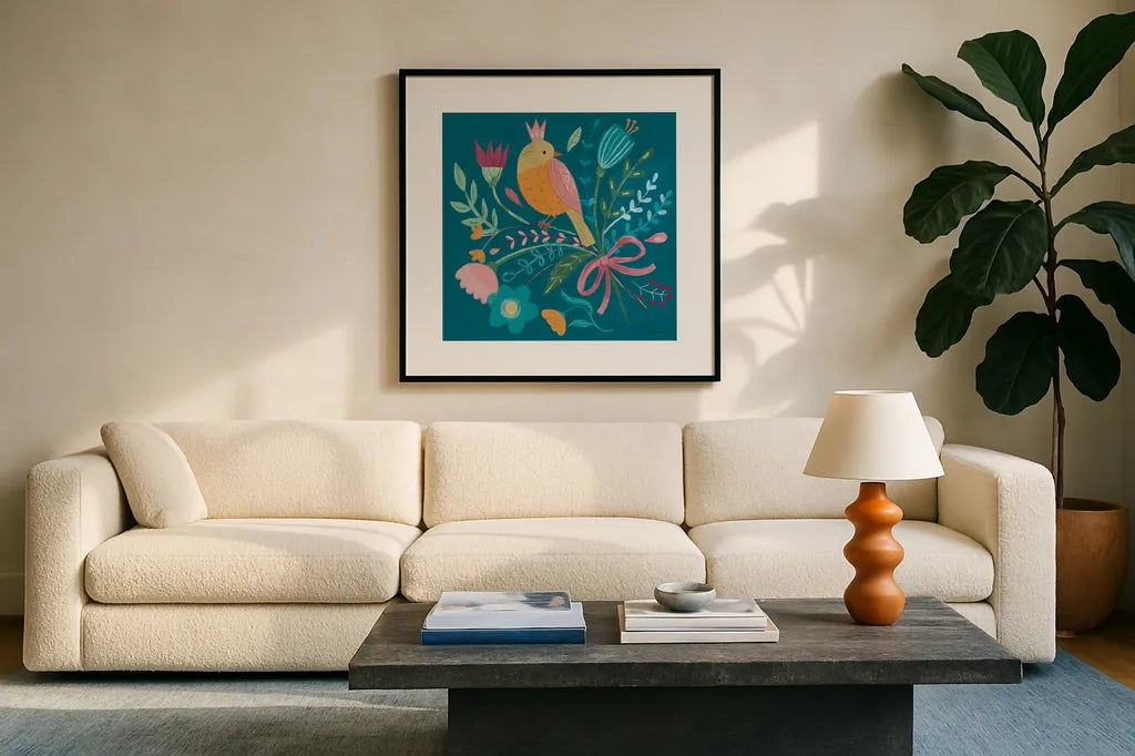 Royal Birds IV Blue by Farida Zaman. Displayed in a glass frame with matte in a clean modern living room. Available as an archival giclee rolled canvas, fine art paper, or poster print. SKU 68976a.