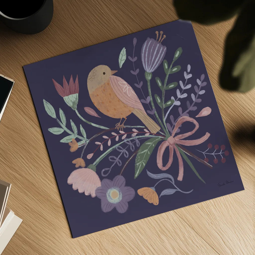 Royal Birds IV Purple by Farida Zaman. Shown as a detailed flat fine art print, highlighting archival giclee quality. Available as an archival giclee rolled canvas, fine art paper, or poster print. SKU 71473a.