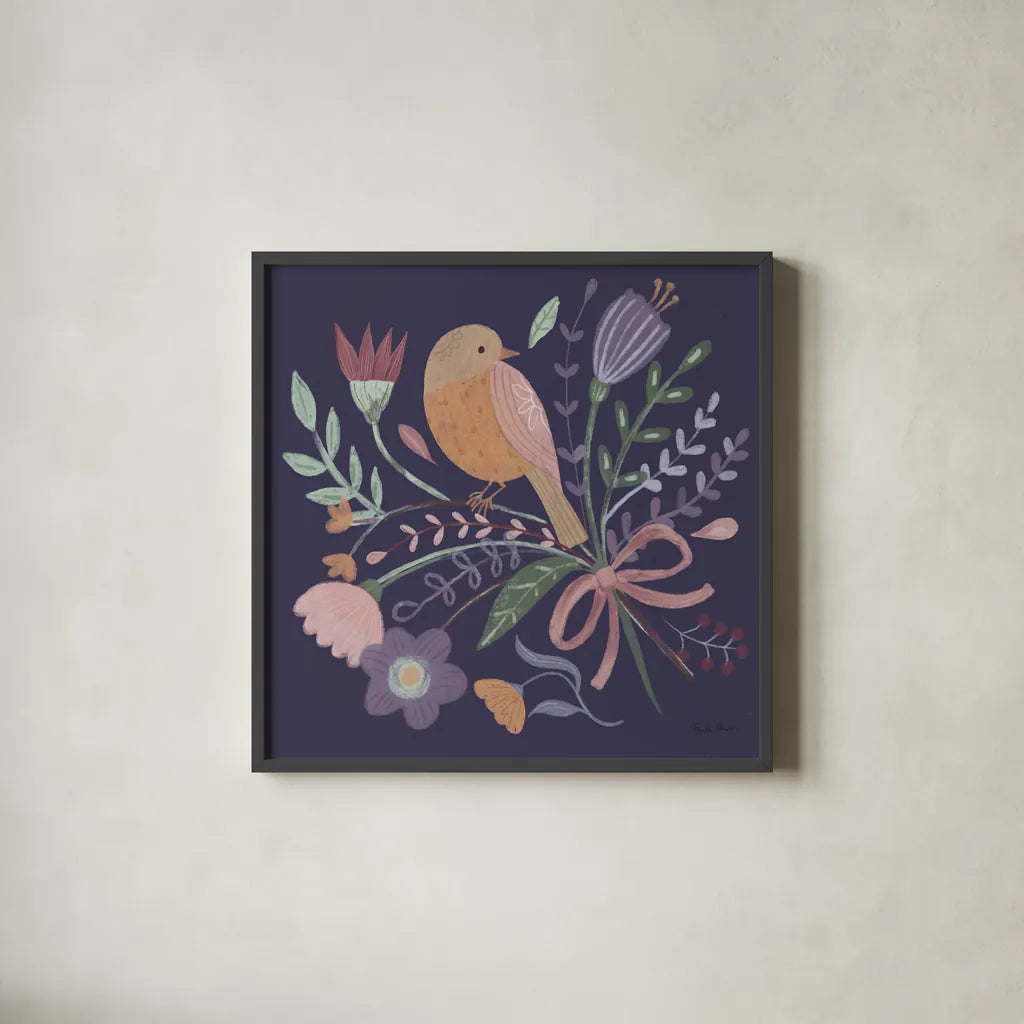 Royal Birds IV Purple by Farida Zaman. Shown in a sleek black glass frame for a contemporary gallery look. Available as an archival giclee rolled canvas, fine art paper, or poster print. SKU 71473a.