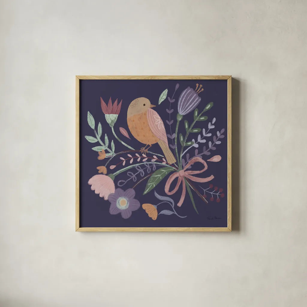Royal Birds IV Purple by Farida Zaman. Shown in a natural wood glass frame for a timeless modern aesthetic. Available as an archival giclee rolled canvas, fine art paper, or poster print. SKU 71473a.