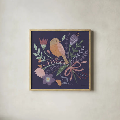 Royal Birds IV Purple by Farida Zaman. Shown in a natural wood glass frame for a timeless modern aesthetic. Available as an archival giclee rolled canvas, fine art paper, or poster print. SKU 71473a.
