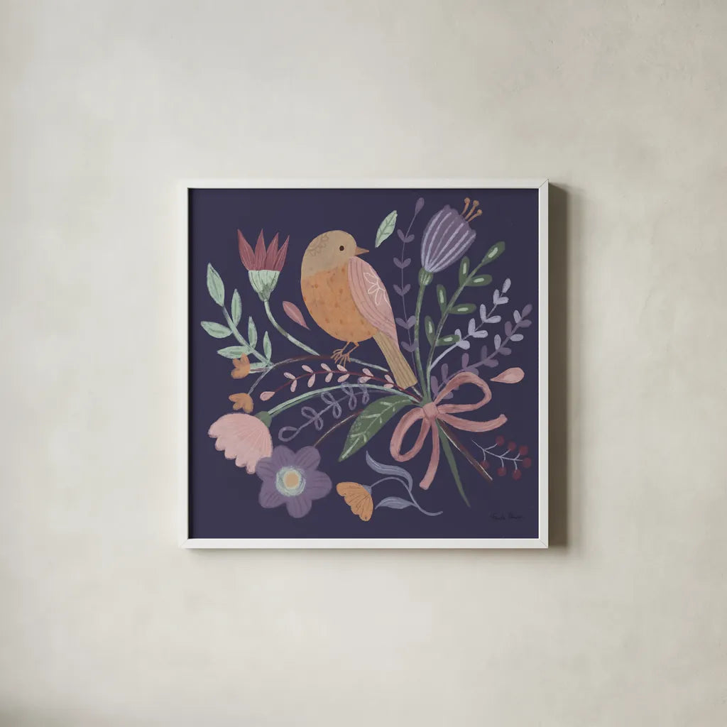 Royal Birds IV Purple by Farida Zaman. Shown in a crisp white glass frame for a clean and minimalist style. Available as an archival giclee rolled canvas, fine art paper, or poster print. SKU 71473a.