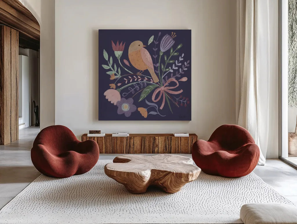 Royal Birds IV Purple by Farida Zaman. Shown as extra-large giant wall art in a modern living room. Available as an archival giclee rolled canvas, fine art paper, or poster print. SKU 71473a.