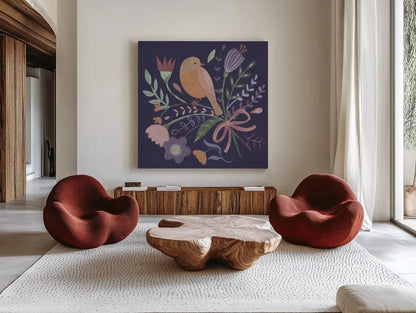 Royal Birds IV Purple by Farida Zaman. Shown as extra-large giant wall art in a modern living room. Available as an archival giclee rolled canvas, fine art paper, or poster print. SKU 71473a.