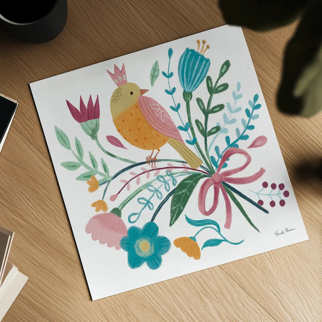 Royal Birds IV White by Farida Zaman. Shown as a detailed flat fine art print, highlighting archival giclee quality. Available as an archival giclee rolled canvas, fine art paper, or poster print. SKU 68981a.