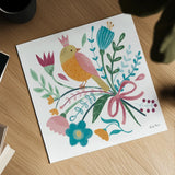 Royal Birds IV White by Farida Zaman. Shown as a detailed flat fine art print, highlighting archival giclee quality. Available as an archival giclee rolled canvas, fine art paper, or poster print. SKU 68981a.