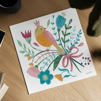 Royal Birds IV White by Farida Zaman. Shown as a detailed flat fine art print, highlighting archival giclee quality. Available as an archival giclee rolled canvas, fine art paper, or poster print. SKU 68981a.