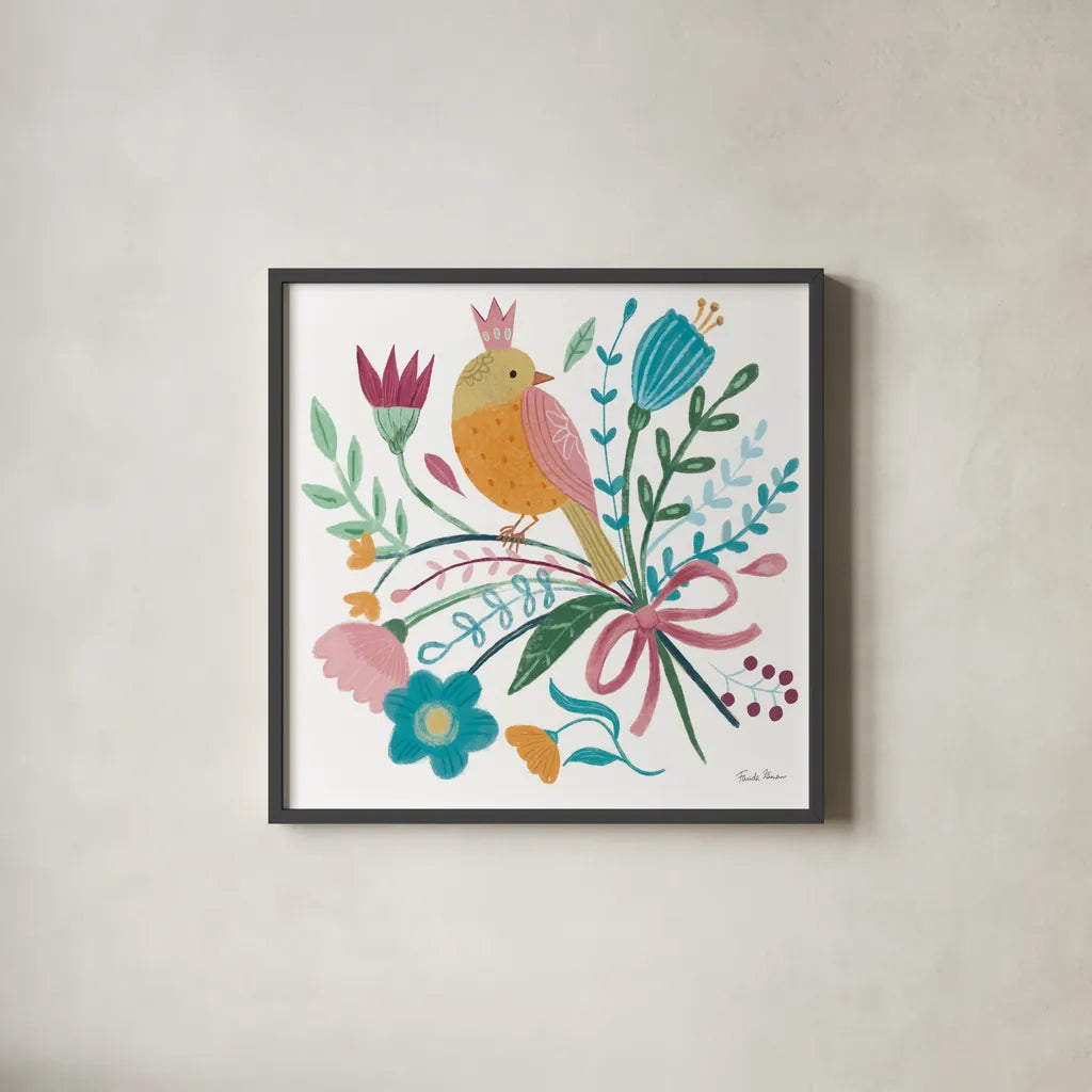 Royal Birds IV White by Farida Zaman. Shown in a sleek black glass frame for a contemporary gallery look. Available as an archival giclee rolled canvas, fine art paper, or poster print. SKU 68981a.