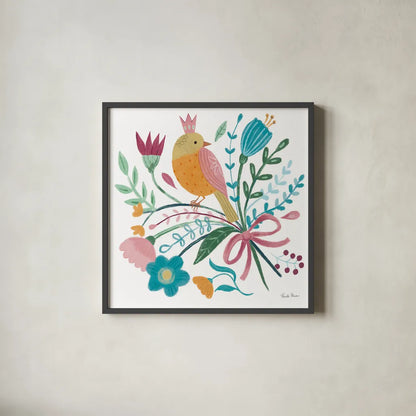 Royal Birds IV White by Farida Zaman. Shown in a sleek black glass frame for a contemporary gallery look. Available as an archival giclee rolled canvas, fine art paper, or poster print. SKU 68981a.