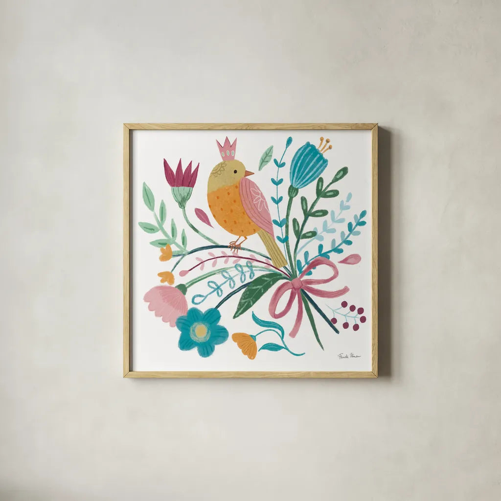 Royal Birds IV White by Farida Zaman. Shown in a natural wood glass frame for a timeless modern aesthetic. Available as an archival giclee rolled canvas, fine art paper, or poster print. SKU 68981a.