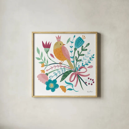 Royal Birds IV White by Farida Zaman. Shown in a natural wood glass frame for a timeless modern aesthetic. Available as an archival giclee rolled canvas, fine art paper, or poster print. SKU 68981a.