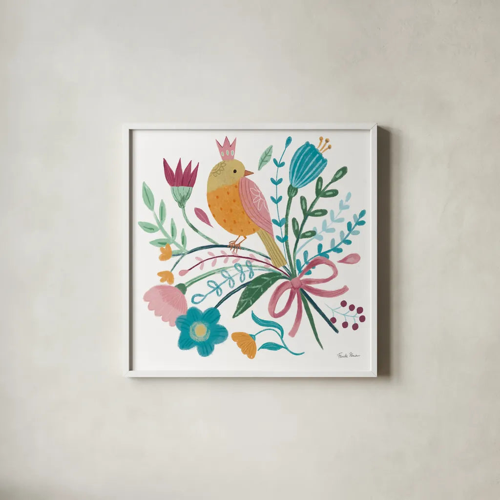 Royal Birds IV White by Farida Zaman. Shown in a crisp white glass frame for a clean and minimalist style. Available as an archival giclee rolled canvas, fine art paper, or poster print. SKU 68981a.