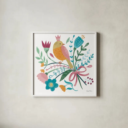 Royal Birds IV White by Farida Zaman. Shown in a crisp white glass frame for a clean and minimalist style. Available as an archival giclee rolled canvas, fine art paper, or poster print. SKU 68981a.