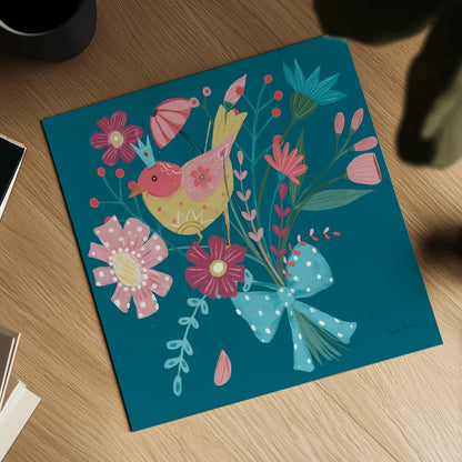 Royal Birds V Blue by Farida Zaman. Shown as a detailed flat fine art print, highlighting archival giclee quality. Available as an archival giclee rolled canvas, fine art paper, or poster print. SKU 68977a.