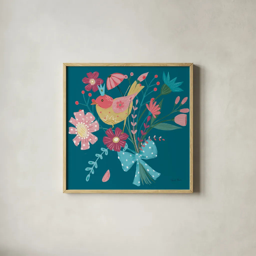 Royal Birds V Blue by Farida Zaman. Shown in a natural wood glass frame for a timeless modern aesthetic. Available as an archival giclee rolled canvas, fine art paper, or poster print. SKU 68977a.