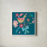 Royal Birds V Blue by Farida Zaman. Shown in a crisp white glass frame for a clean and minimalist style. Available as an archival giclee rolled canvas, fine art paper, or poster print. SKU 68977a.