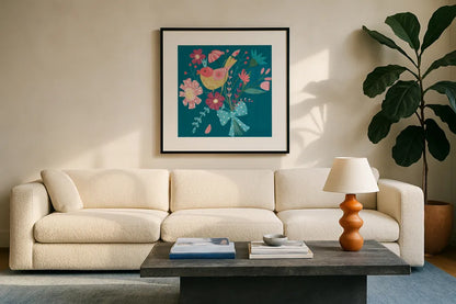 Royal Birds V Blue by Farida Zaman. Displayed in a glass frame with matte in a clean modern living room. Available as an archival giclee rolled canvas, fine art paper, or poster print. SKU 68977a.