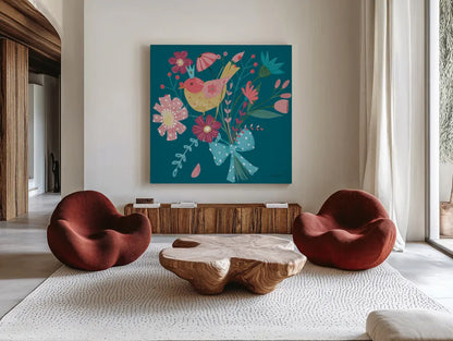 Royal Birds V Blue by Farida Zaman. Shown as extra-large giant wall art in a modern living room. Available as an archival giclee rolled canvas, fine art paper, or poster print. SKU 68977a.