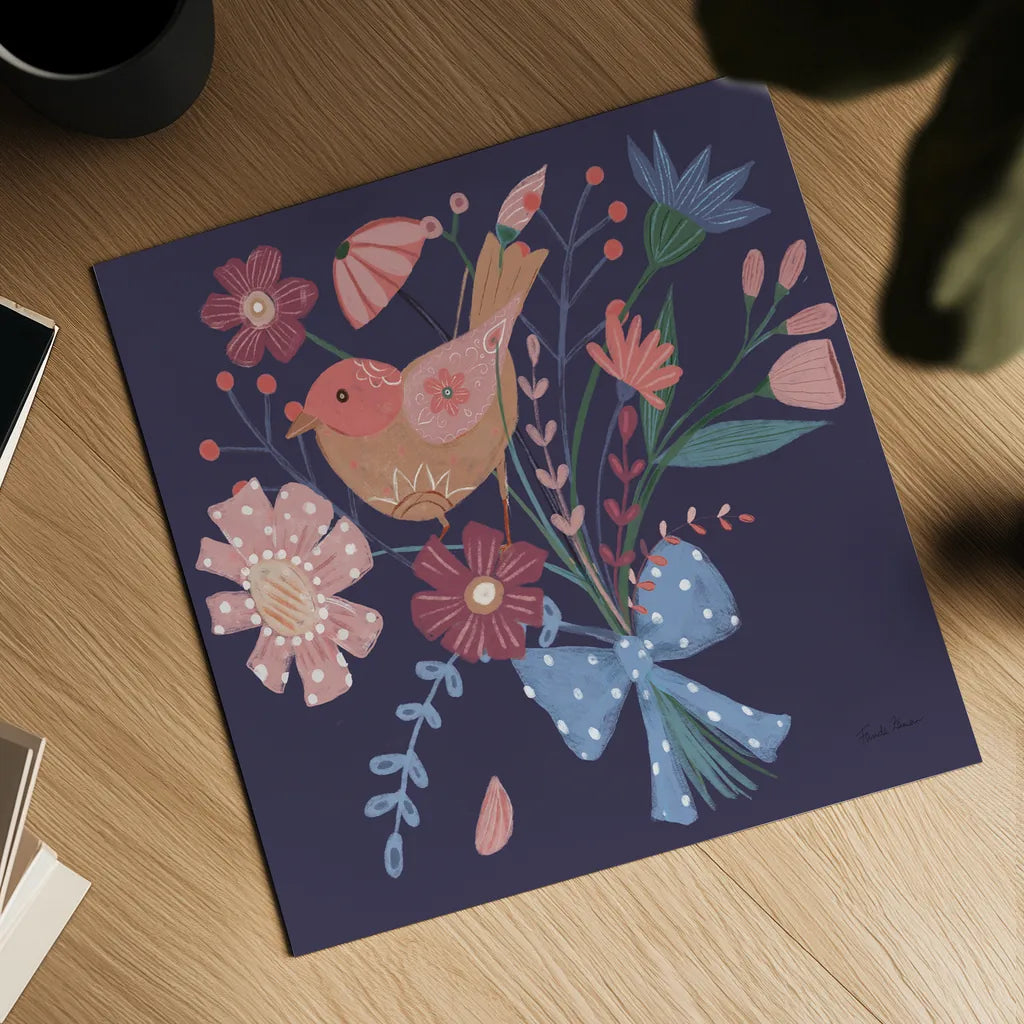 Royal Birds V Purple by Farida Zaman. Shown as a detailed flat fine art print, highlighting archival giclee quality. Available as an archival giclee rolled canvas, fine art paper, or poster print. SKU 71474a.