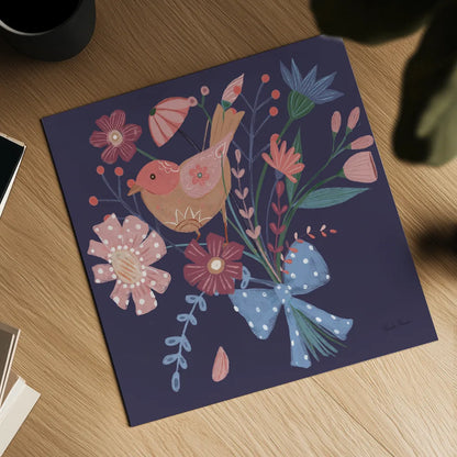 Royal Birds V Purple by Farida Zaman. Shown as a detailed flat fine art print, highlighting archival giclee quality. Available as an archival giclee rolled canvas, fine art paper, or poster print. SKU 71474a.