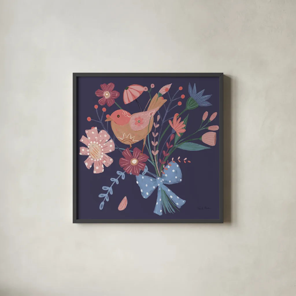 Royal Birds V Purple by Farida Zaman. Shown in a sleek black glass frame for a contemporary gallery look. Available as an archival giclee rolled canvas, fine art paper, or poster print. SKU 71474a.