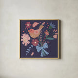 Royal Birds V Purple by Farida Zaman. Shown in a natural wood glass frame for a timeless modern aesthetic. Available as an archival giclee rolled canvas, fine art paper, or poster print. SKU 71474a.