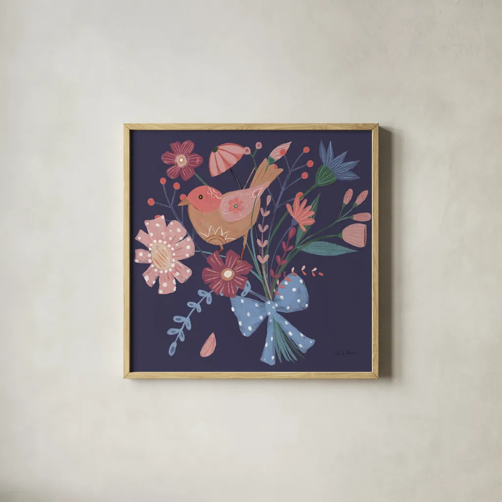 Royal Birds V Purple by Farida Zaman. Shown in a natural wood glass frame for a timeless modern aesthetic. Available as an archival giclee rolled canvas, fine art paper, or poster print. SKU 71474a.