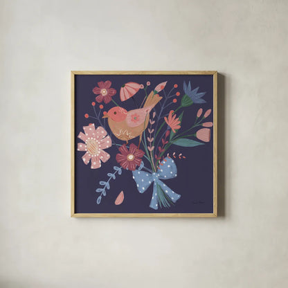 Royal Birds V Purple by Farida Zaman. Shown in a natural wood glass frame for a timeless modern aesthetic. Available as an archival giclee rolled canvas, fine art paper, or poster print. SKU 71474a.