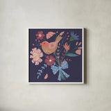 Royal Birds V Purple by Farida Zaman. Shown in a crisp white glass frame for a clean and minimalist style. Available as an archival giclee rolled canvas, fine art paper, or poster print. SKU 71474a.