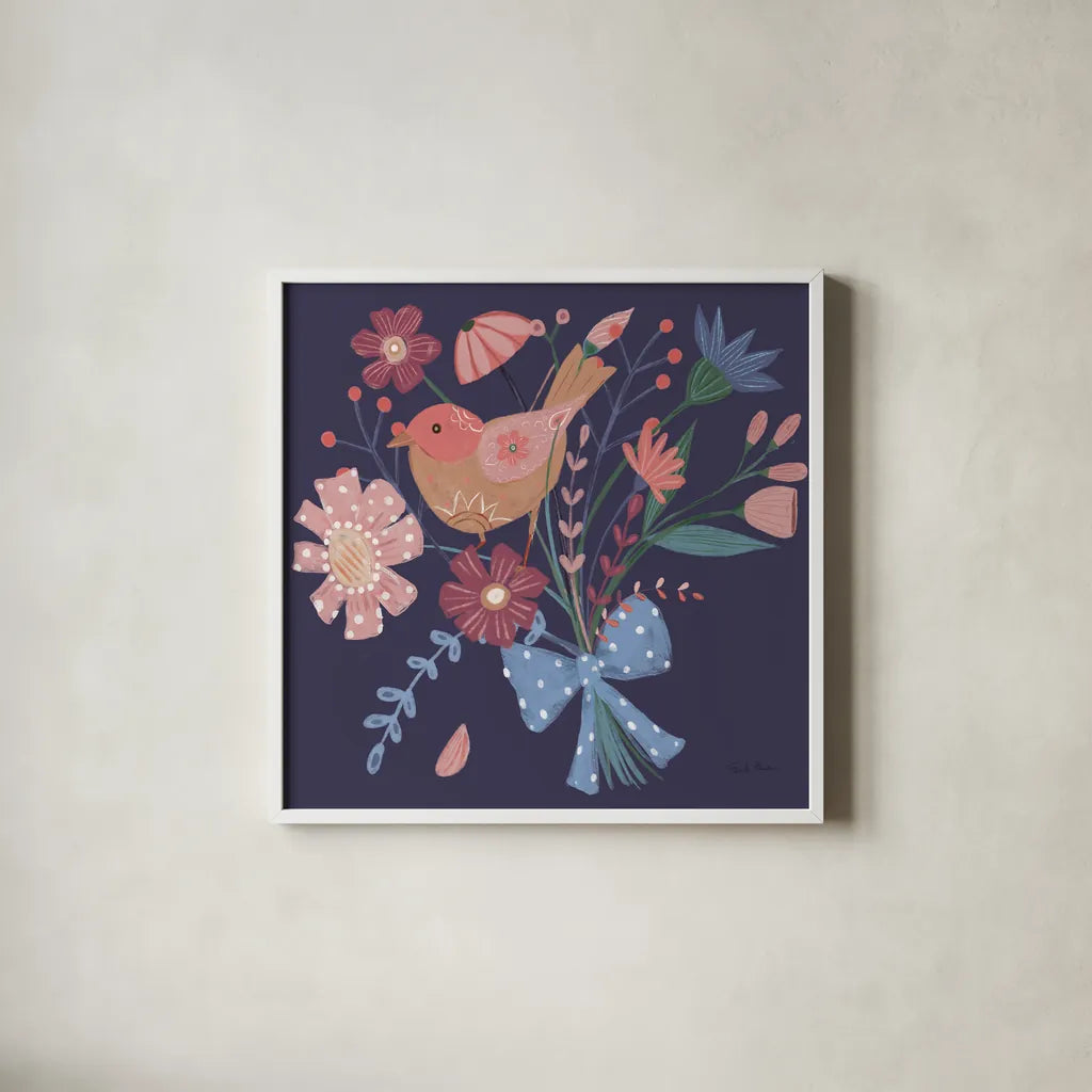 Royal Birds V Purple by Farida Zaman. Shown in a crisp white glass frame for a clean and minimalist style. Available as an archival giclee rolled canvas, fine art paper, or poster print. SKU 71474a.