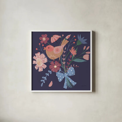 Royal Birds V Purple by Farida Zaman. Shown in a crisp white glass frame for a clean and minimalist style. Available as an archival giclee rolled canvas, fine art paper, or poster print. SKU 71474a.