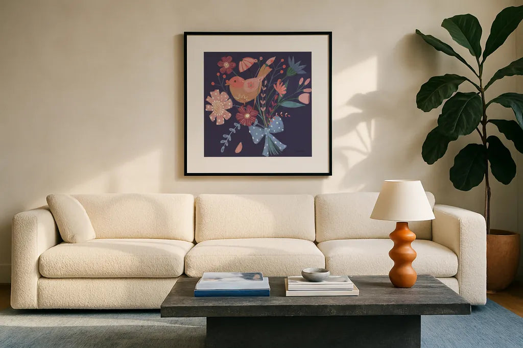 Royal Birds V Purple by Farida Zaman. Displayed in a glass frame with matte in a clean modern living room. Available as an archival giclee rolled canvas, fine art paper, or poster print. SKU 71474a.