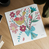 Royal Birds V White by Farida Zaman. Shown as a detailed flat fine art print, highlighting archival giclee quality. Available as an archival giclee rolled canvas, fine art paper, or poster print. SKU 68982a.