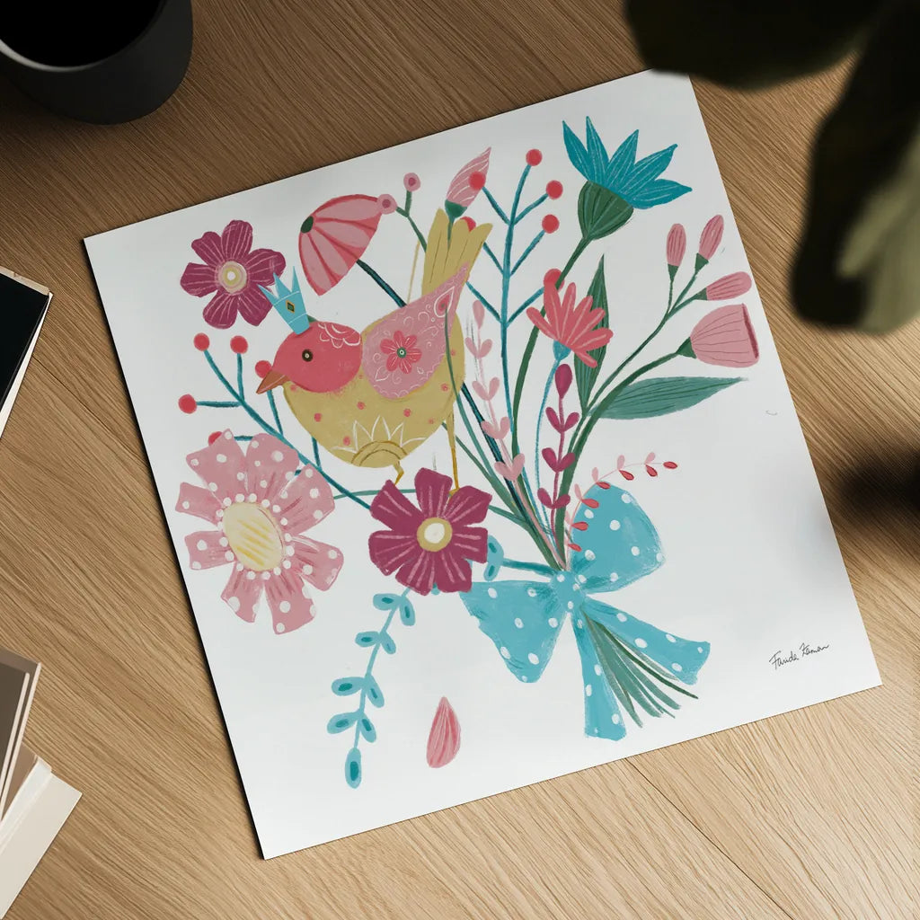 Royal Birds V White by Farida Zaman. Shown as a detailed flat fine art print, highlighting archival giclee quality. Available as an archival giclee rolled canvas, fine art paper, or poster print. SKU 68982a.