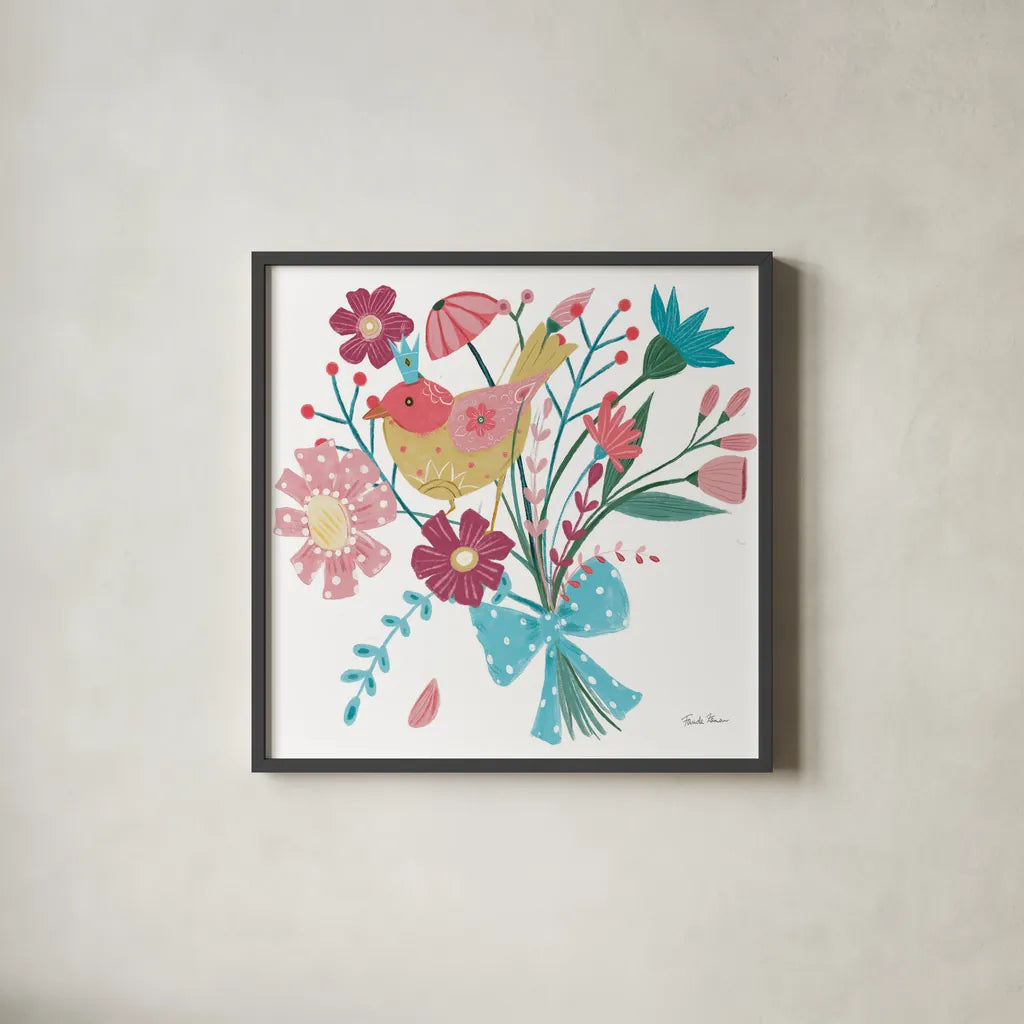 Royal Birds V White by Farida Zaman. Shown in a sleek black glass frame for a contemporary gallery look. Available as an archival giclee rolled canvas, fine art paper, or poster print. SKU 68982a.