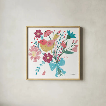 Royal Birds V White by Farida Zaman. Shown in a natural wood glass frame for a timeless modern aesthetic. Available as an archival giclee rolled canvas, fine art paper, or poster print. SKU 68982a.