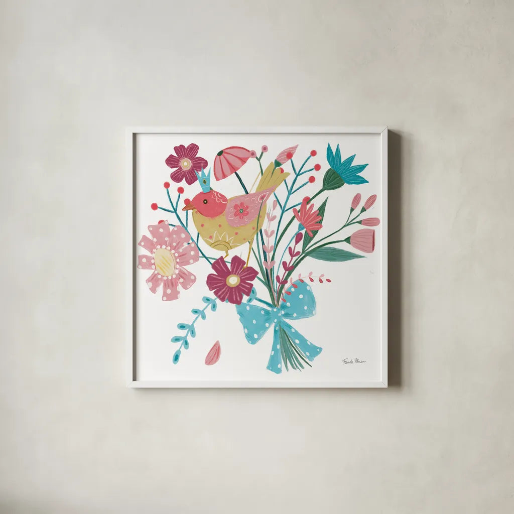 Royal Birds V White by Farida Zaman. Shown in a crisp white glass frame for a clean and minimalist style. Available as an archival giclee rolled canvas, fine art paper, or poster print. SKU 68982a.