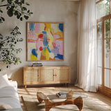 Salsa by Farida Zaman. Shown in a natural wood frame in a cozy modern living room. Available as an archival giclee rolled canvas, fine art paper, or poster print. SKU 98748a.