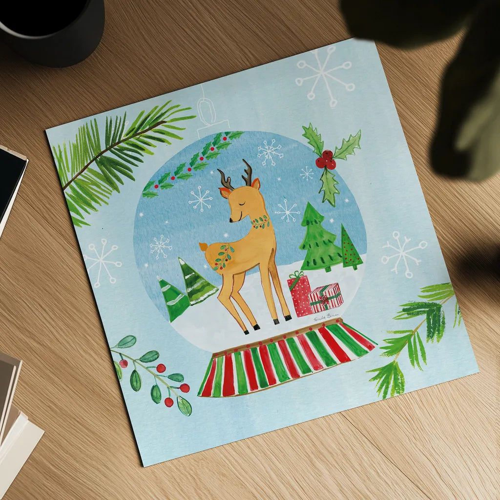 Snow Globe Animals I by Farida Zaman. Shown as a detailed flat fine art print, highlighting archival giclee quality. Available as an archival giclee rolled canvas, fine art paper, or poster print. SKU 42225a.