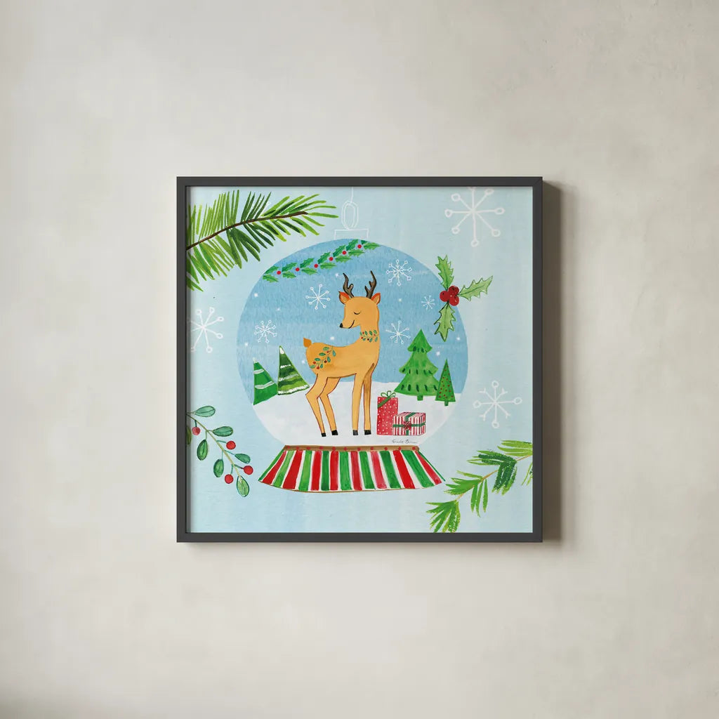 Snow Globe Animals I by Farida Zaman. Shown in a sleek black glass frame for a contemporary gallery look. Available as an archival giclee rolled canvas, fine art paper, or poster print. SKU 42225a.