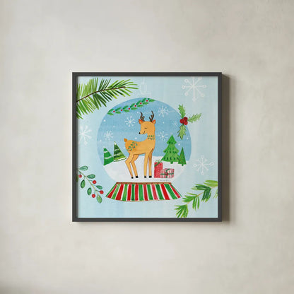 Snow Globe Animals I by Farida Zaman. Shown in a sleek black glass frame for a contemporary gallery look. Available as an archival giclee rolled canvas, fine art paper, or poster print. SKU 42225a.